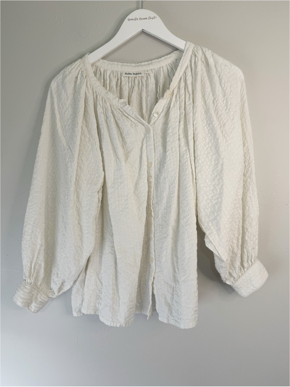 ROLLER RABBIT Women’s Ivory Seersucker Striped Balloon Sleeve Tunic Top Size S